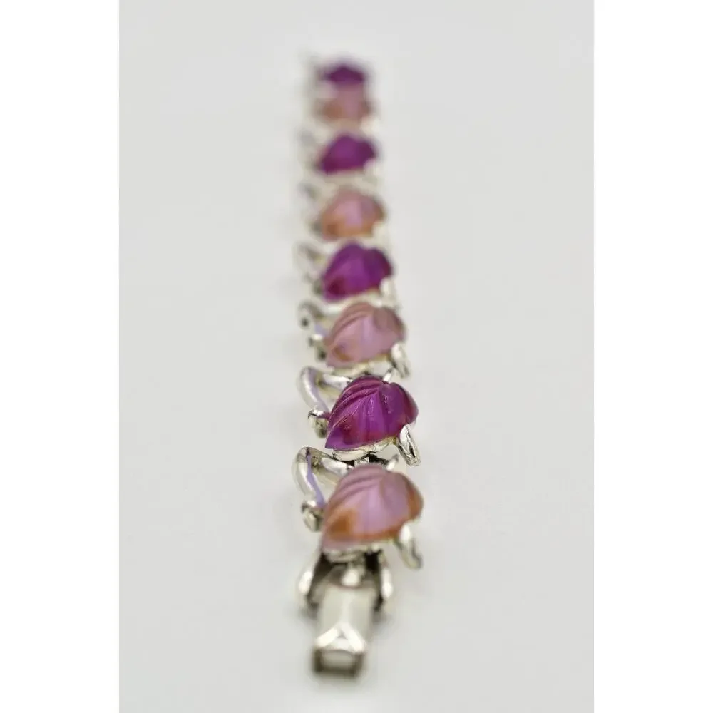 Star Vintage Choker Bracelet Purple Lucite Leaf Silver Chunky Signed 1940s BinAW